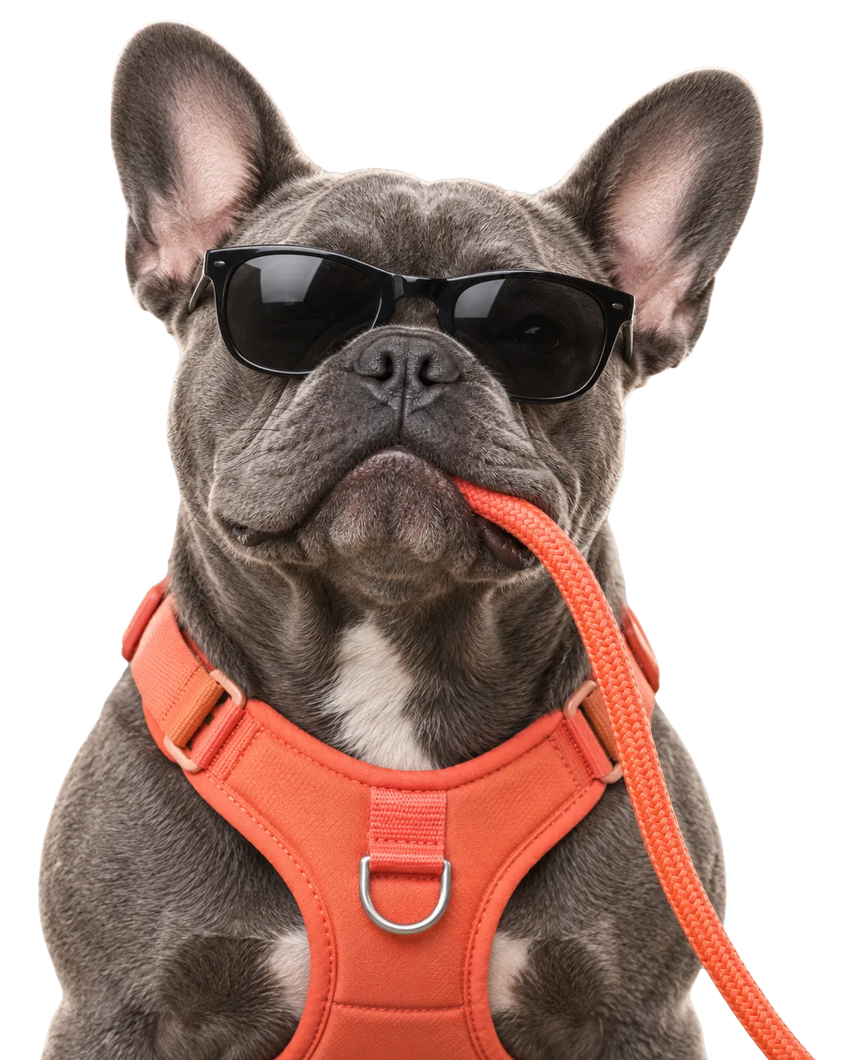 Illustrative picture: a french bulldog in sunglasses and a harness, holding its leash in its mouth