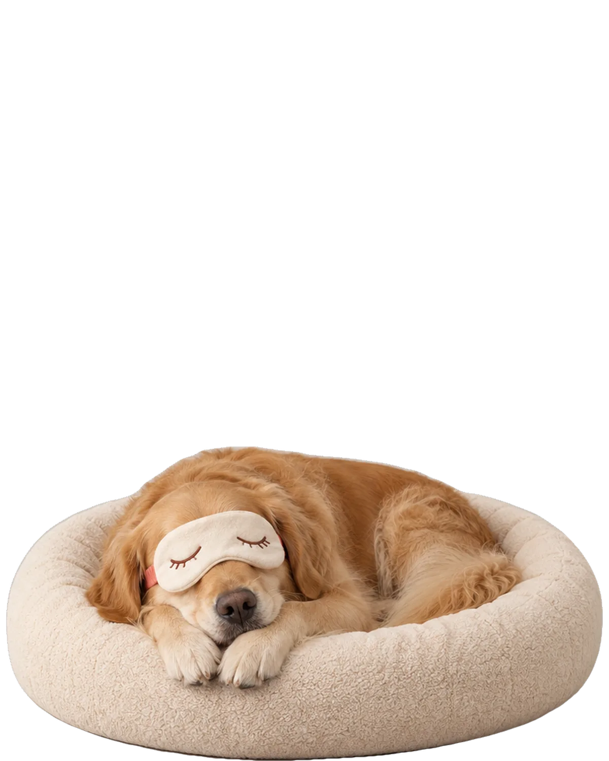 Illustrative picture: a golden retriever asleep in a plush bed, wearing a sleep mask