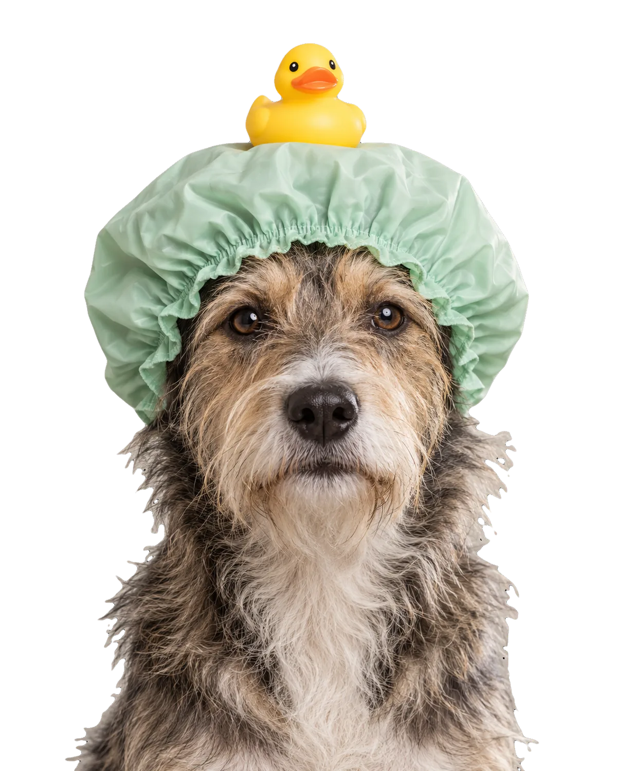 Illustrative picture: a scruffy rescue dog in a mint shower cap with a rubber duck on top