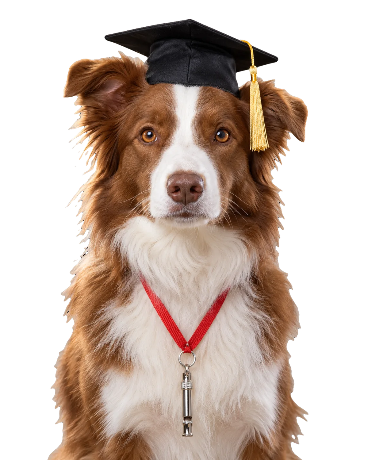Illustrative picture: a border collie in a graduation cap with a training whistle on a red lanyard